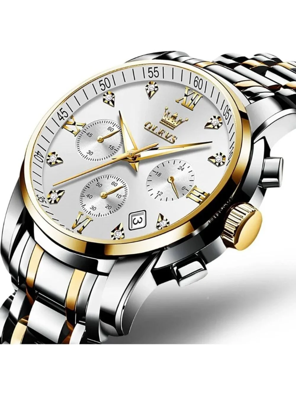 Olevs Men's Silver Multifunction White Face Waterproof Chronograph Wrist Watch